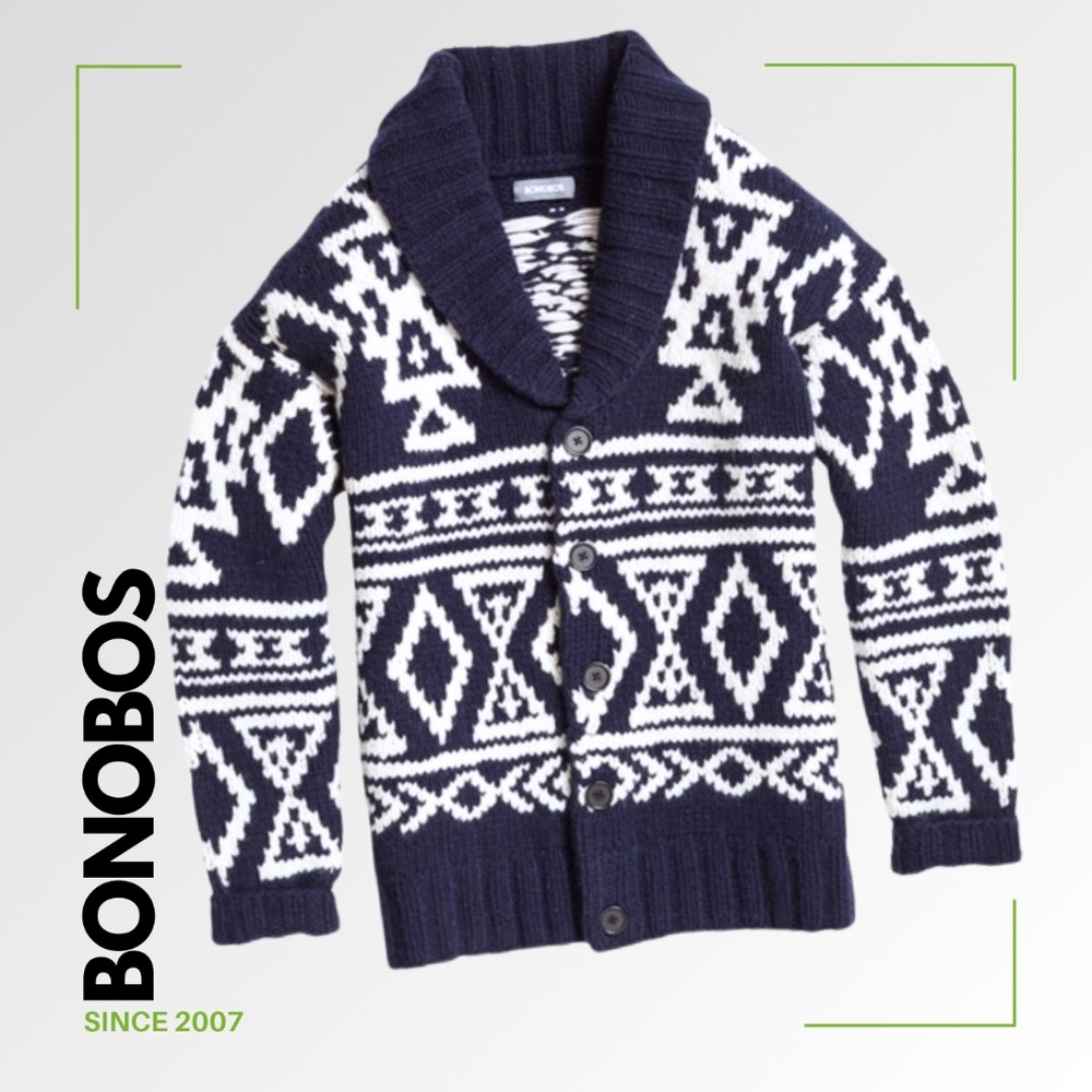 BONOBOS Men's Hand-Knit Cardigan in Navy/White